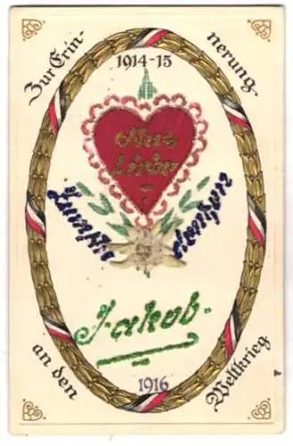 Trockenblumen-AK Erinnerungskarte an den Ersten Weltkrieg mit einem Herz und echter Blume