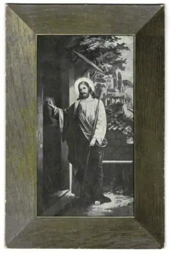 AK Jesus Christus im imitierten Holzrahmen, Rahmenpostkarte mit integrierter Aufstellvorrichtung