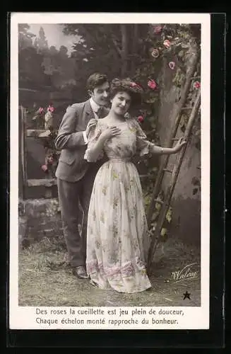 Foto-AK Walery, Paris: Junges Paar in einem Rosengarten