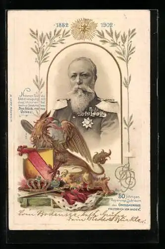 AK Porträt Grossherzogs Friedrich von Baden, Herrschersignien und Wappen mit Greif