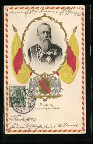 AK Friedrich von Baden, Portrait mit Fahnen und Wappen mit Krone