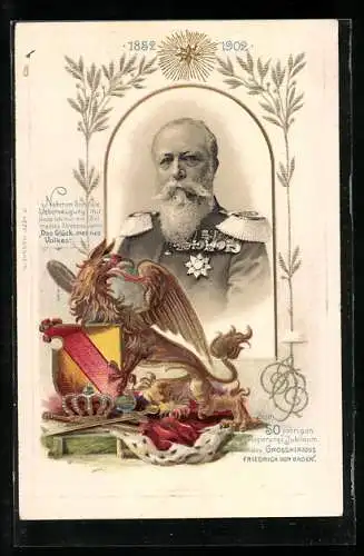 AK Porträt Grossherzogs Friedrich von Baden, Herrschersignien und Wappen mit Greif