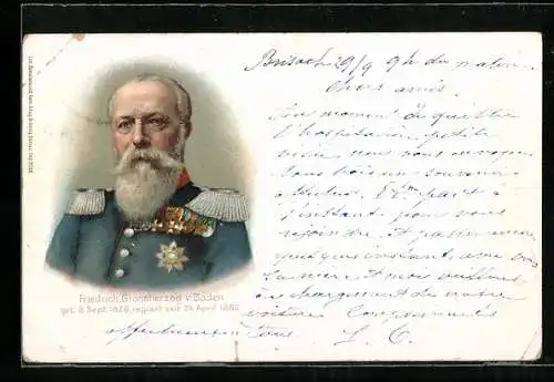 Lithographie Friedrich Grossherzog von Baden in Uniform mit Epauletten