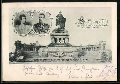 AK Koblenz, Huldigungsfahrt des Militärvereins Karlsruhe am 20.08.1899, Deutsches Eck, Grossherzogliches Paar von Baden