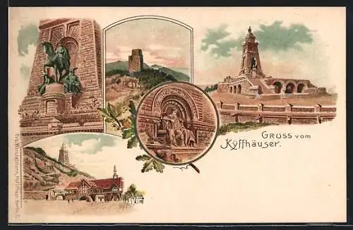 Lithographie Kyffhäuser, das Kyffhäuser Denkmal, Reiterstandbild Kaiser Wilhelm, erwachender Barbarossa, Ruine