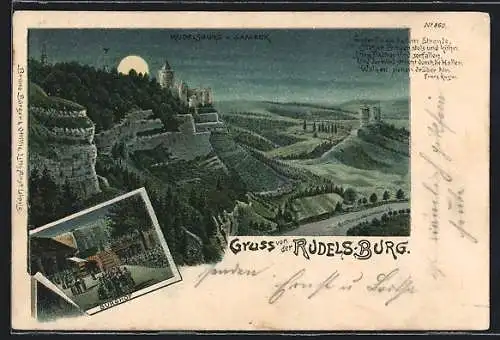 Mondschein-Lithographie Saaleck / Rudelsburg, Burg Saaleck, Burghof