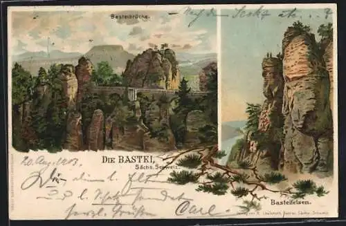 Lithographie Bastei, Basteibrücke und Basteifelsen