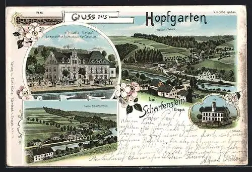 Lithographie Hopfgarten, Gasthof von K. Eckardt, Wendler`s Fabrik, Schule