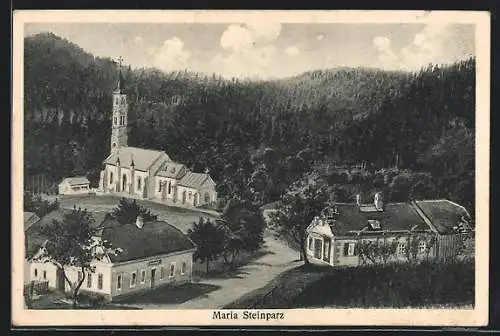 AK Schollach, Maria Steinparz, Ortsansicht mit der Kirche aus der Vogelschau