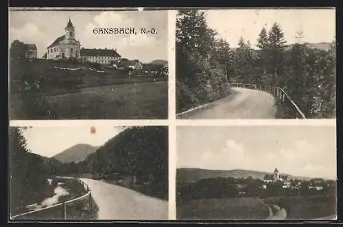 AK Gansbach, Strassenpartie mit Bäumen, Kirche