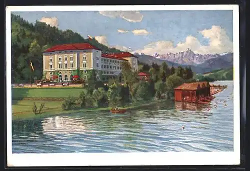 Künstler-AK Treffen am Ossiacher See, Grand Hotel Annenheim und Strandbad am Ossiacher See