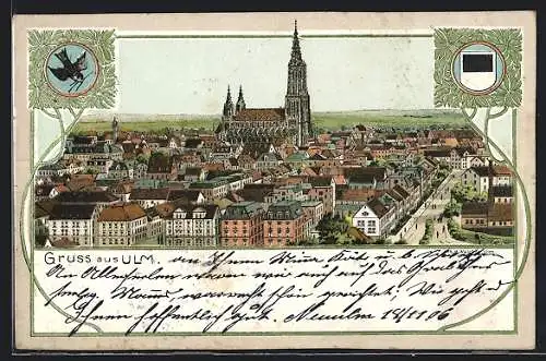 Lithographie Ulm / Donau, Ortsansicht aus der Vogelschau, Wappenzeichen