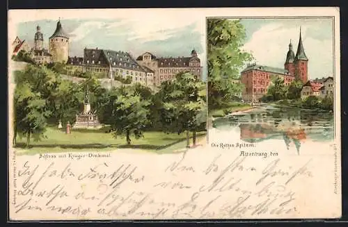 Lithographie Altenburg / Thüringen, Schloss & Kriegerdenkmal, Rote Spitzen