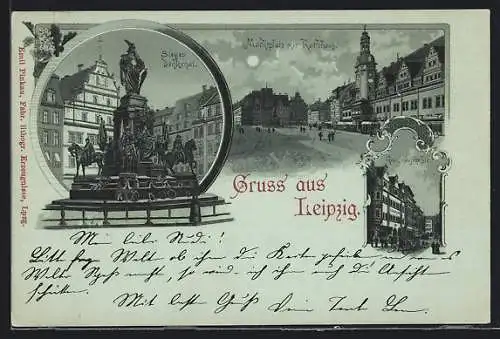 Mondschein-Lithographie Leipzig, Marktplatz mit Rathaus, Grimmaische Strasse, Sieges-Denkmal