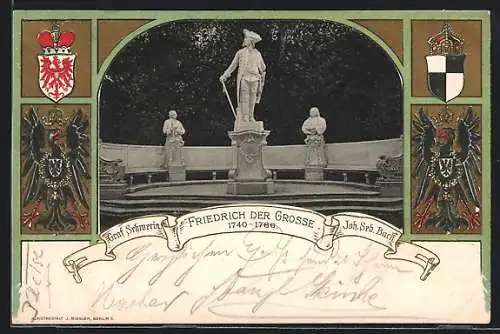 Präge-AK Berlin, Denkmal Friedrich der Grosse, Graf Schwerin und Johann Sebastian Bach, Wappen, Passepartout