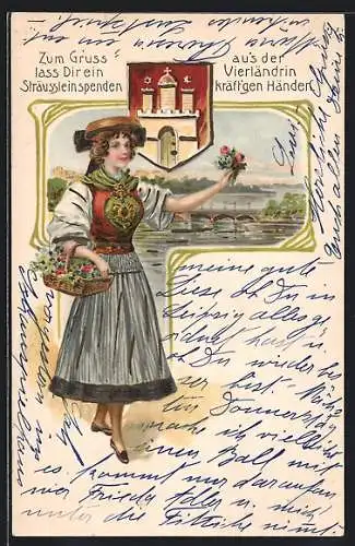 Lithographie Hübsche Vierländerin in Tracht, Wappen und Ortsansicht