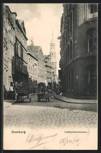 AK Hamburg, Blick in die Katharinenstrasse, Pferdegespann