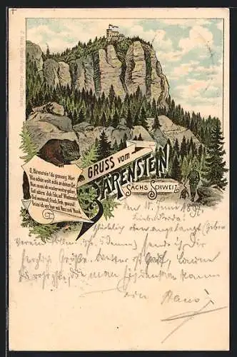 Lithographie Bärenstein /Sächs. Schweiz, Felspartie mit Hotel