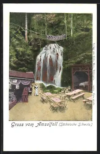 AK Rathen /Sächs. Schweiz, Restaurant am Amselfall, Wasserfall mit Glitzereffekt