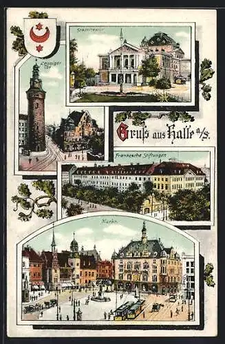 AK Halle / Saale, Stadttheater, Leipziger Tor, Frankesche Stiftungen, Marktplatz