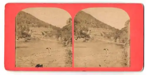 Stereo-Fotografie unbekannter Fotograf, Ansicht Lestelle-Betharram, Pont et abbay de Bethrama, Pyrienies