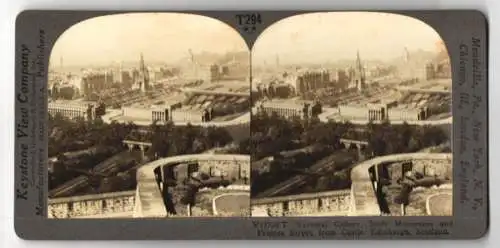 Stereo-Fotografie Keystone View Co., Meadville, Ansicht Edinburgh, National Gallery, Scott. Mounment and Prices Street