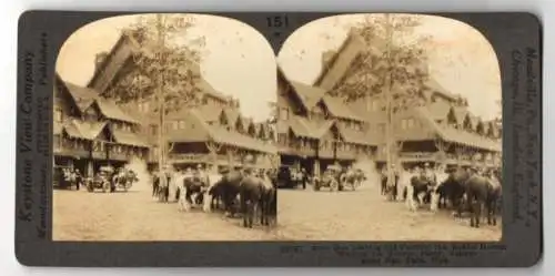Stereo-Fotografie Keystone View Co., Meadville, Ansicht Yellowstone National Park / WY, Old Faithfull Inn Hotel