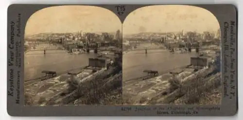 Stereo-Fotografie Keystone View Co., Meadville, Ansicht Pittsburgh / PA., Junction of the Allegheny and Monongahela Riv.