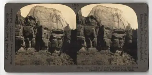 Stereo-Fotografie Keystone View Co., Meadville, Ansicht Springdale / UT., Great White Throne, Monarch of the Rock Temple