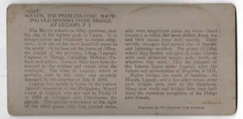 Stereo-Fotografie Keystone View Co., Meadville, Ansicht Legaspi, Mayon, peerless cone, showing old spanish stone Bridge