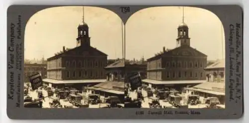 Stereo-Fotografie Keystone View Co., Meadville, Ansicht Boston / MA., Faneuil Hall with Trucks