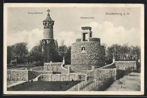 AK Brandenburg a. H., Kriegerdenkmal und Bismackwarte