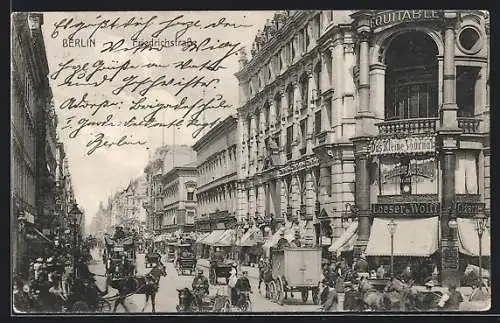 AK Berlin, Strassenansicht Friedrichstrasse Ecke Leipziger Strasse, Pferdewagen, Loeser & Wolff