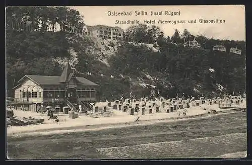 AK Sellin a. Rügen, Strandhalle, Hotel Meeresgruss und Glaspavillon