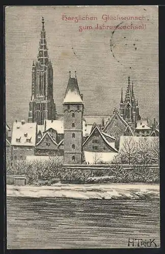Künstler-AK Ulm a. D., Teilansicht mit Münster zur Zeit des Jahreswechsels
