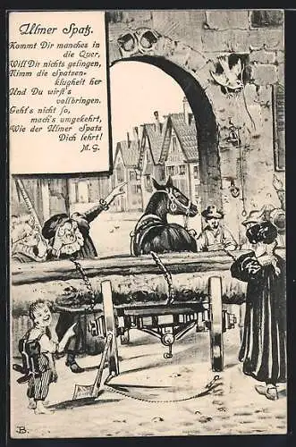 Künstler-AK Ulm / Donau, Szene am Stadttor, Ulmer Spatz