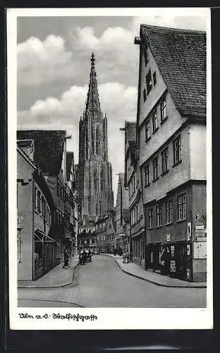 AK Ulm a. D., Walfischgasse Ecke Ulmer Gasse mit Münsterblick