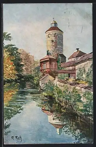 Künstler-AK Isny, Spätsommer-Idyll am Fluss mit Turm