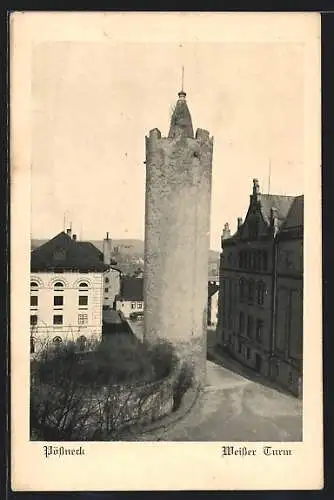 AK Pössneck, Strassenpartie am Weissen Turm