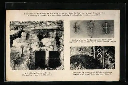 AK St. Pierre-en-Gallicante, Souvenirs vom Berg Zion: Gravierte Kreuze, Doppelfenster in der Grotte