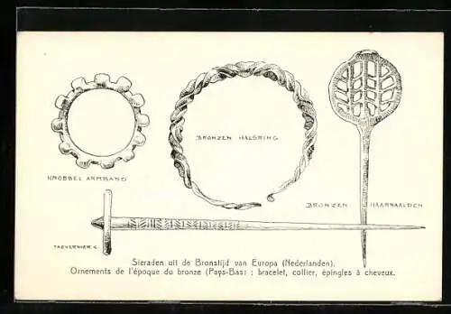 AK Niederlande, Bronzeschmuck aus der Bronzezeit: Haarnadel, Halsring, Armband