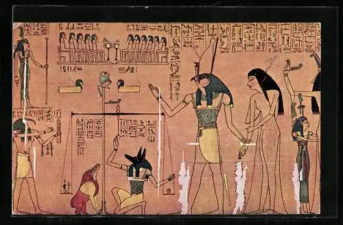 AK Ägypten, Papyrus, Darstellung des Gottes Anubis mit Psychostasie