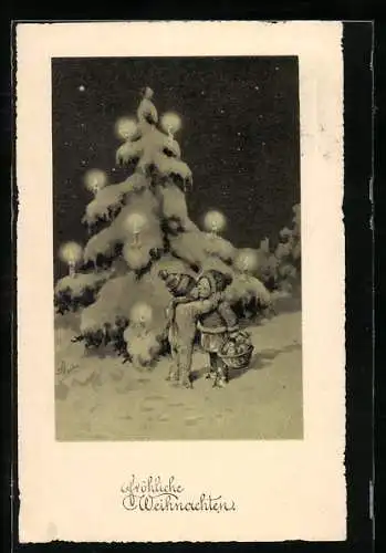 Künstler-AK Brüder Kohn (B.K.W.I) Nr. 3405 /4: Kleines Paar vor Lichterbaum im Schnee, Weihnachtsgruss