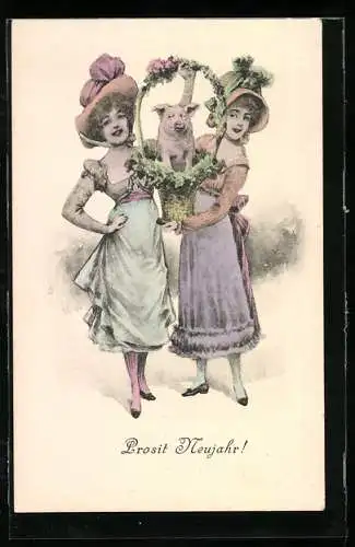 Künstler-AK Brüder Kohn (B.K.W.I) Nr. 2997 /2: Junge Damen mit Ferkelchen im Korb, Neujahrsgruss