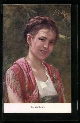Künstler-AK Josef Süss: Lachtäubchen, Mädchen mit geflochtenem Zopf