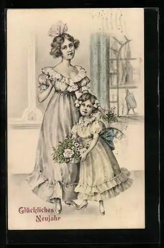 Künstler-AK Brüder Kohn (B.K.W.I) Nr. 22096-3: Mutter und Tochter mit Blumenkorb, Neujahrsgruss