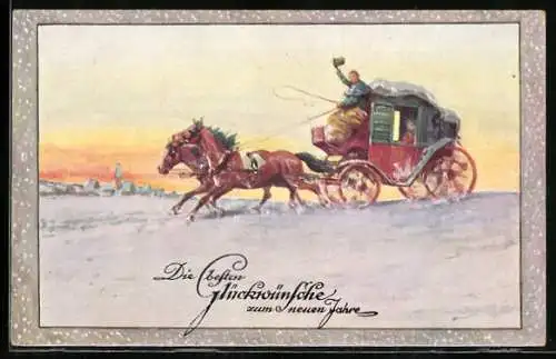 Künstler-AK Brüder Kohn (B.K.W.I) Nr. 3297-1: Dame in Kutsche mit grüssendem Kutscher, Neujahrsgruss