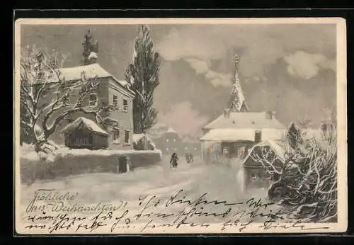 Künstler-AK Brüder Kohn (B.K.W.I) Nr. 2656 /6: Ortspartie mit Kirche im Schnee, Weihnachtsgruss