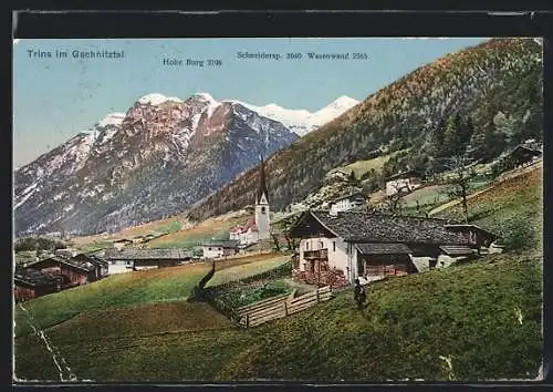 AK Trins im Gschnitztal, Ortspartie mit Kirche, Schneidersp. Wasenwand und Hoher Burg