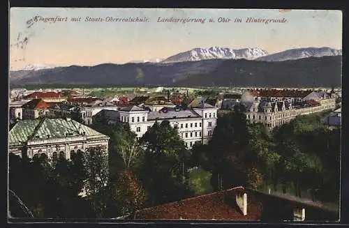 AK Klagenfurt, Teilansicht mit Staats-Oberrealschule, Landesregierung und Obir im Hintergrunde